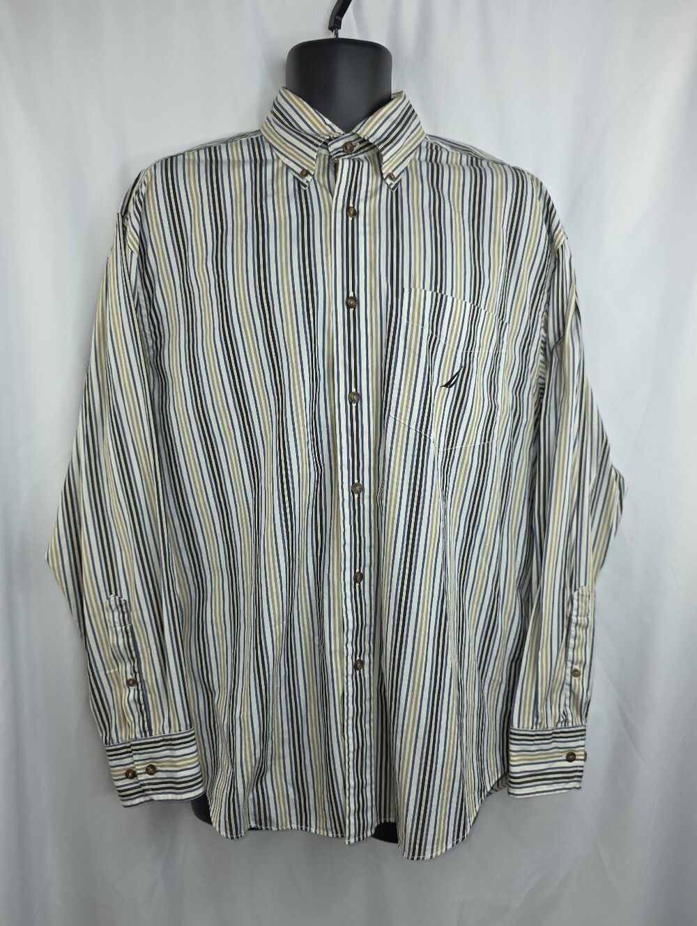 Nautica Men’s Multi-Stripe Dress Button Down Shirt Size Large 80s Two-Ply A-3741